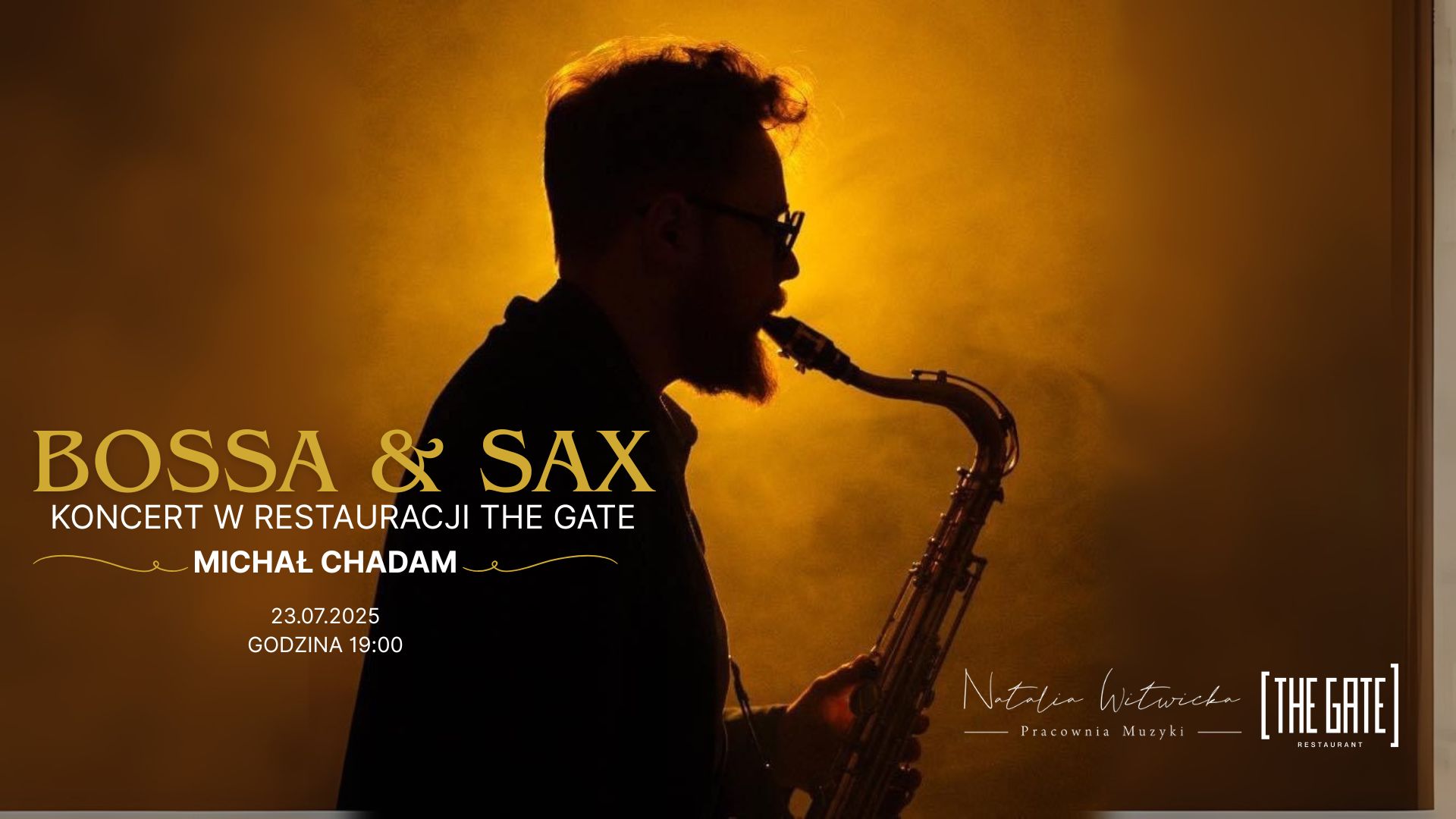 artysta grający na saksofonie, grafika zapraszająca na koncert w restauracji The Gate